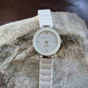 Vintage Watches Anne Klein White Ceramic Diamond Accent Watch Minimalist Dial